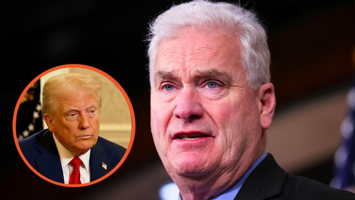 Tom Emmer speaks during a news conference and Donald Trump appears on Fox News